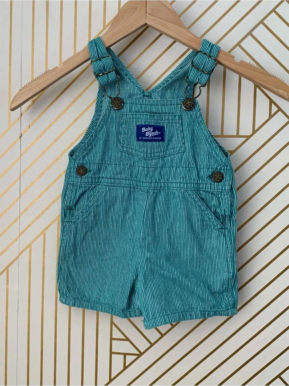 OshKosh B'gosh vintage 100% Cotton Hickory Stripe Vestbak Overall Teal White 18M
